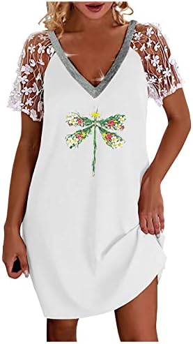 Нокмопо макси фустан за жени летна мода цврста боја со чипка со чипка со кратки ракави со чипка на вратот