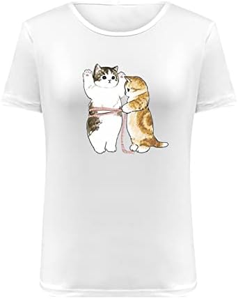 Letterенски летни бели врвови симпатични мачки графички кошули со кратки ракави обични трендовски врат -вратот лабава вклопена