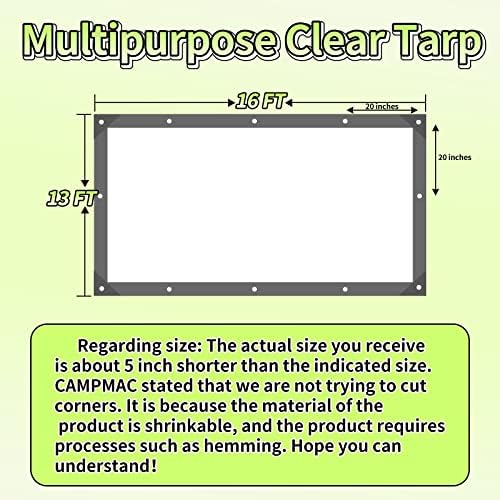 Campmac Clear vinyl tarp 13 x 16 ft тешки водоотпорни нови материјали за лаптоп, Grommet на секои 20 инчи, за растенија, градина,