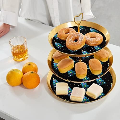 Dragonbtu 3 Tier Cupcake Stand со златен шипка пластична нивоа десерт кула фиока црна елка овошја бонбони приказ за свадба