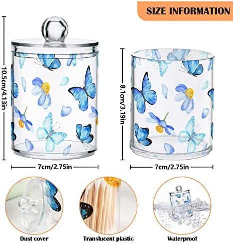 Сини пеперутки цвеќиња 2 пакувања памучни брисеви на топката на топката Организатор диспензерот пластични стаклени контејнери со капаци за